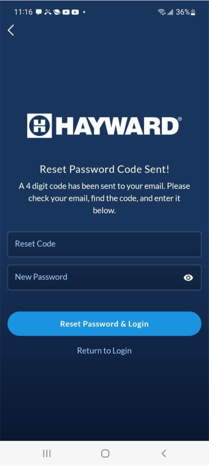 Avis de l’application Omni indiquant que le code de réinitialisation du mot de passe a été envoyé.